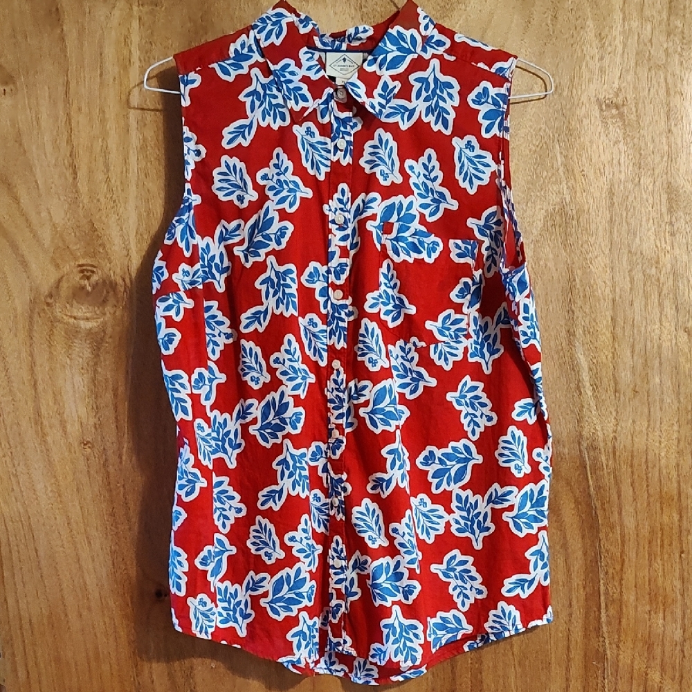 St. John's Bay Womens Beachy Sleeveless Blouse Red White & Blue 100% Cotton XL
